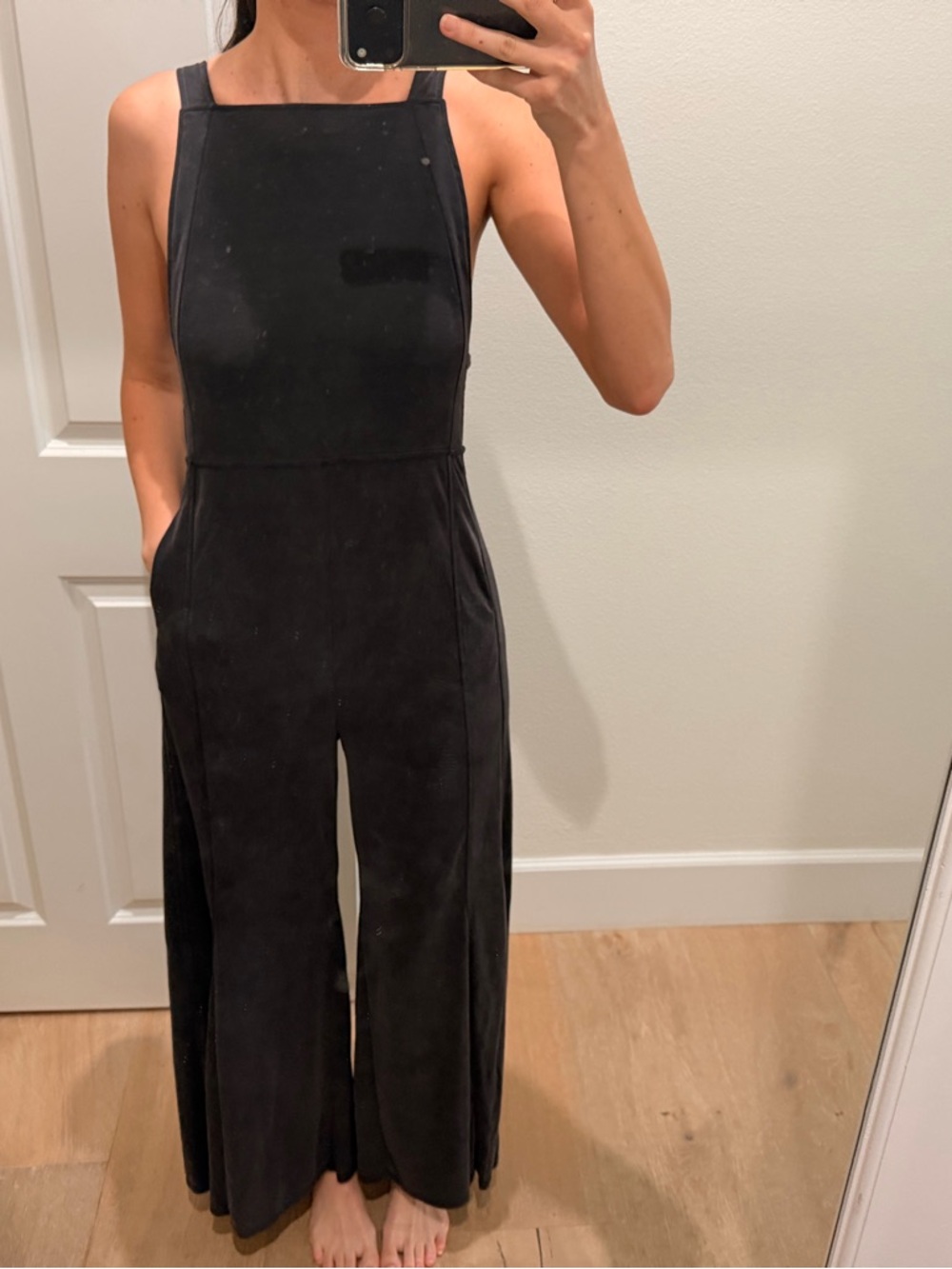 Free People Black/ Gray Boot-Cut Jumpsuit with Square Neck
